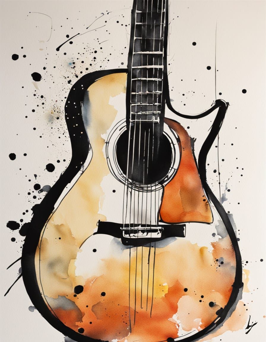 Vibrant Abstract Guitar in Ink and Watercolor