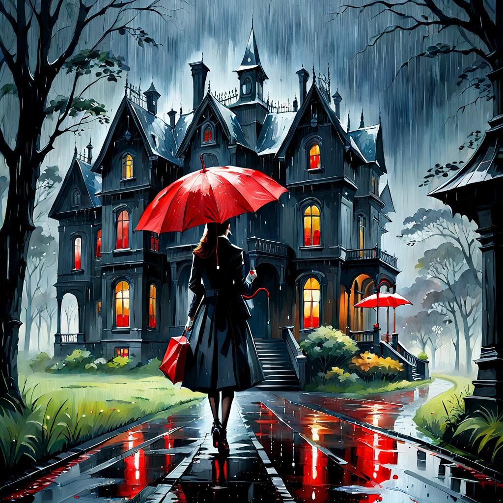Gothic Mansion in Rainy Weather as Impasto Painting