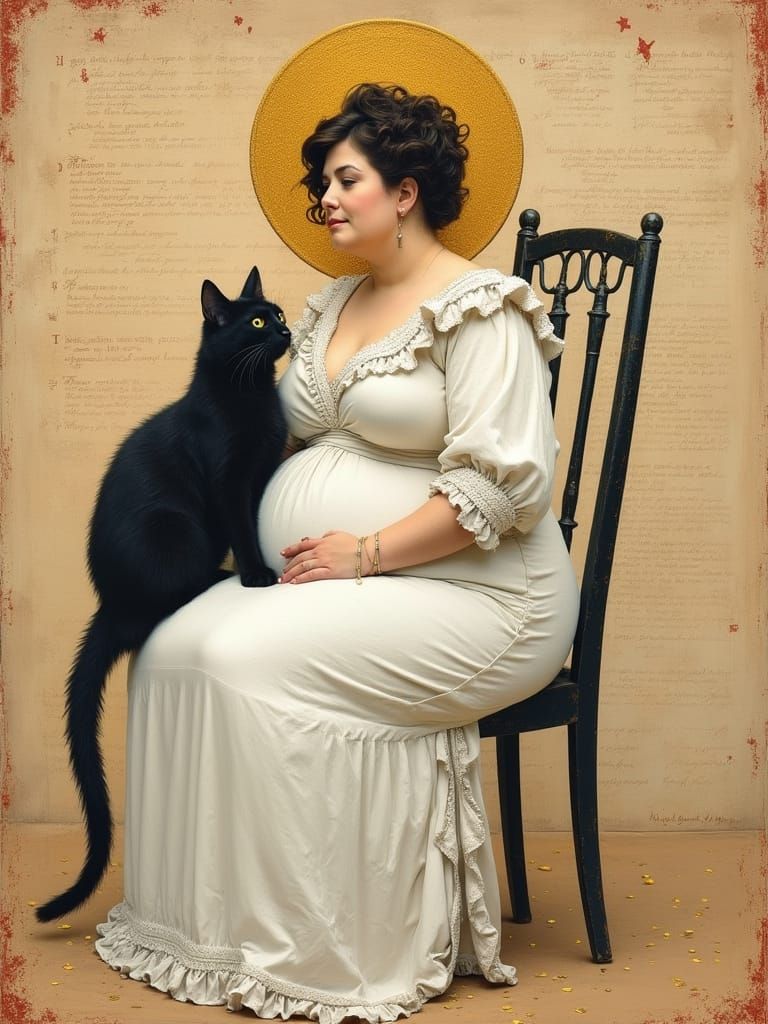Plump Woman with Cat in Modigliani-Klimt Style