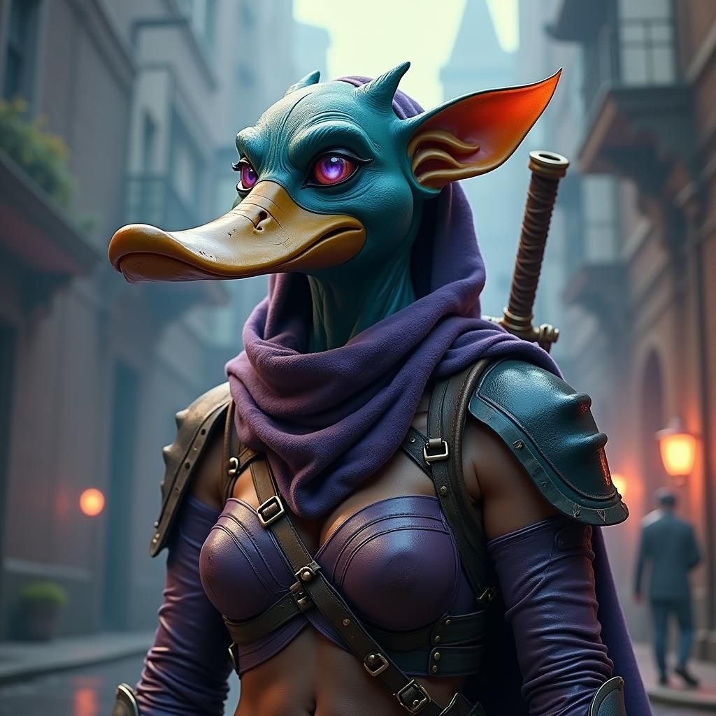 Female Rogue Duck-Bill Mask in Gothic Alleyway
