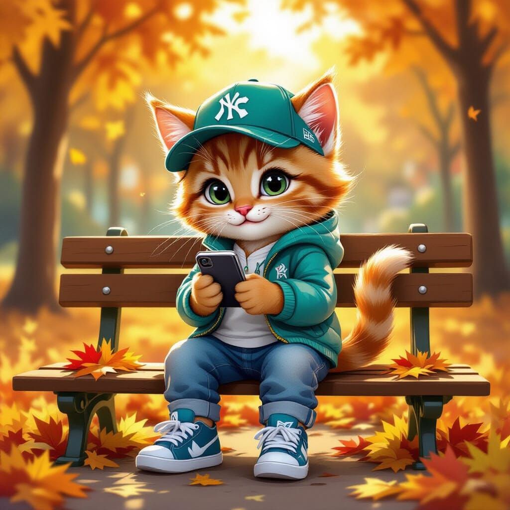 Cute Ginger Kitten in Sports Gear in Autumn Park