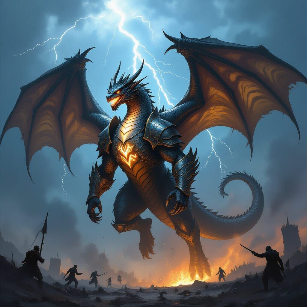 Armored Dragon Soaring Over Battlefield in Dark Fantasy Styl...