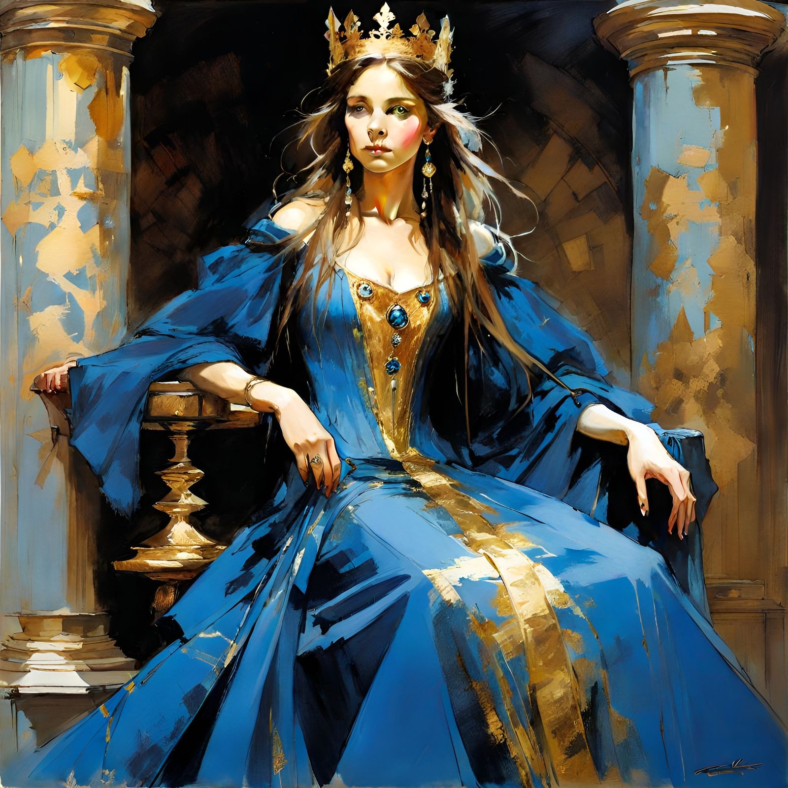 Medieval Princess in Ornate Blue Gown