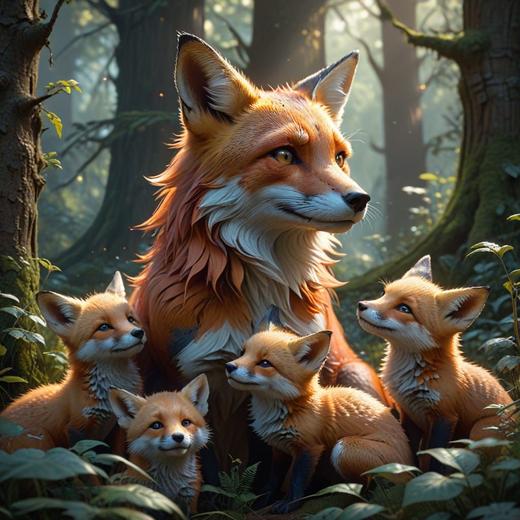 Mother Fox with Her Playful Cubs in a Vibrant Forest Portrai...