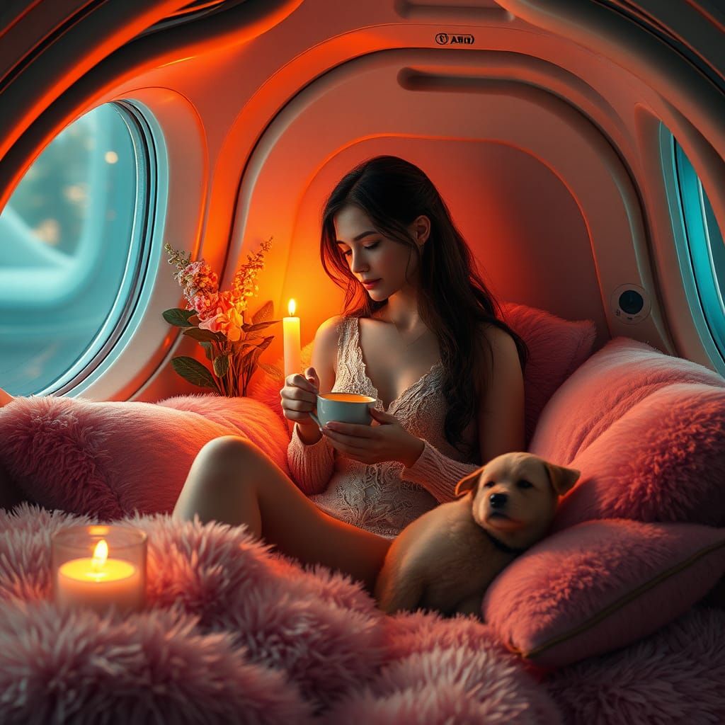 Cozy Tea Time in Futuristic Sci-Fi Nook
