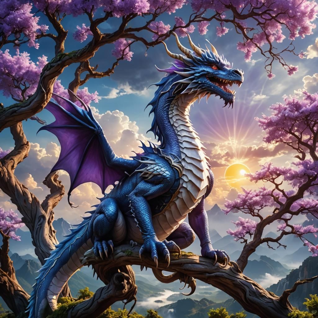 Dragon Perched on Branch in Divine Sunshine