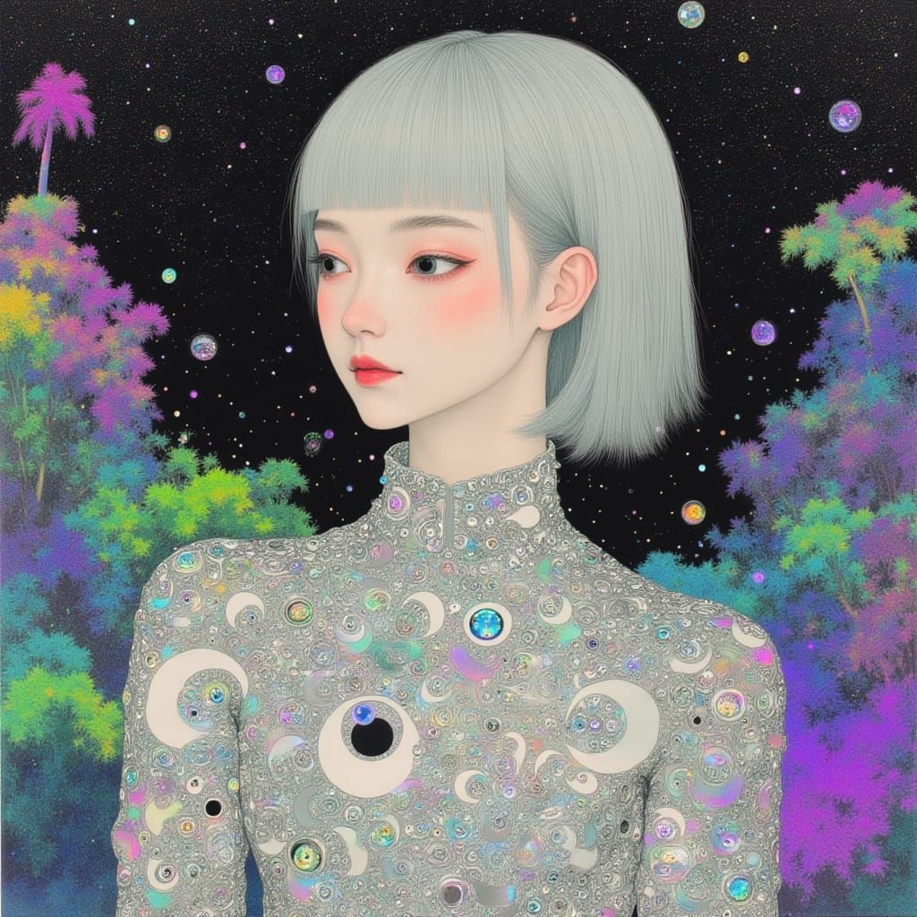 Serene Space Age Woman in Metallic Foil Ensemble