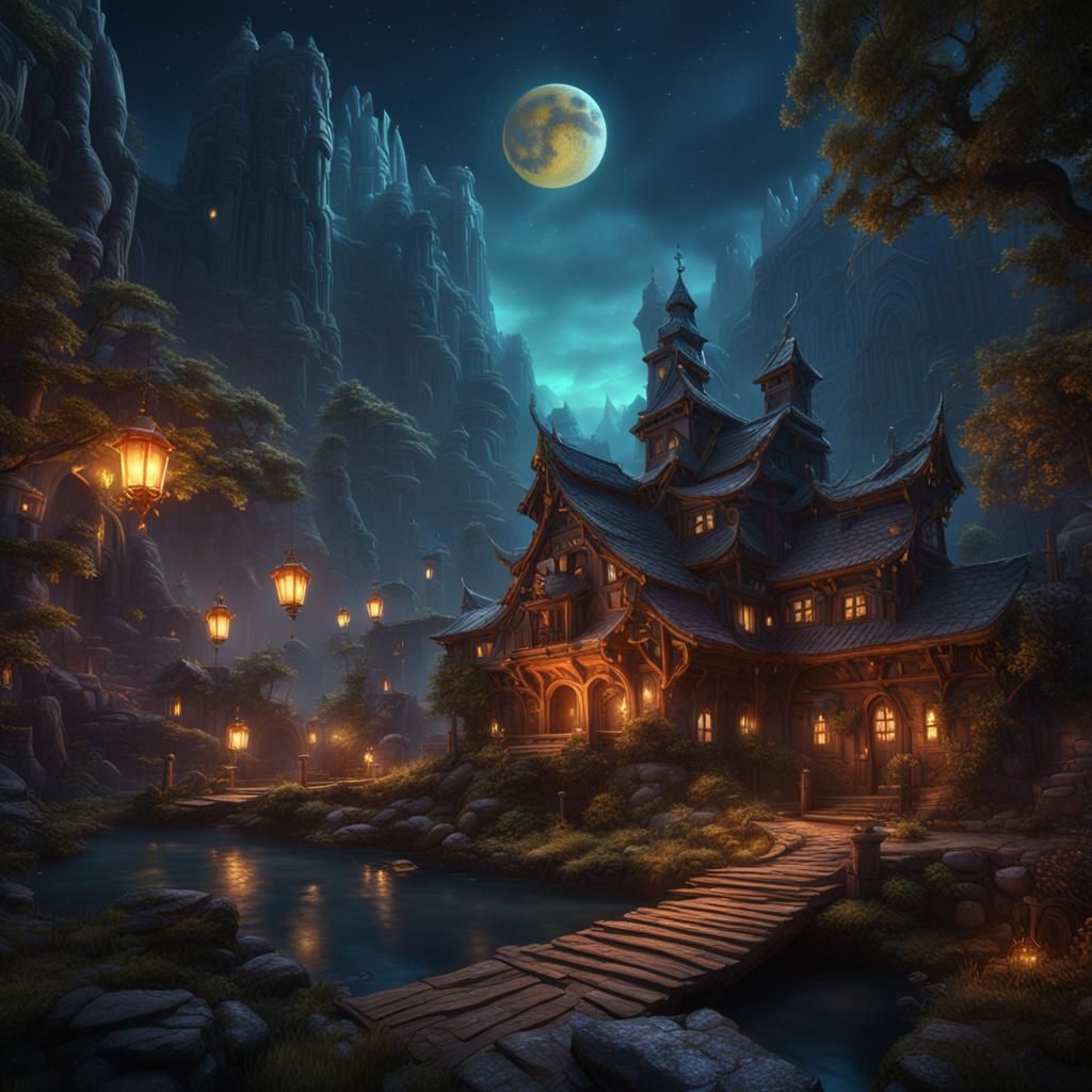 Fantastical Night Scene in Detailed Matte Painting