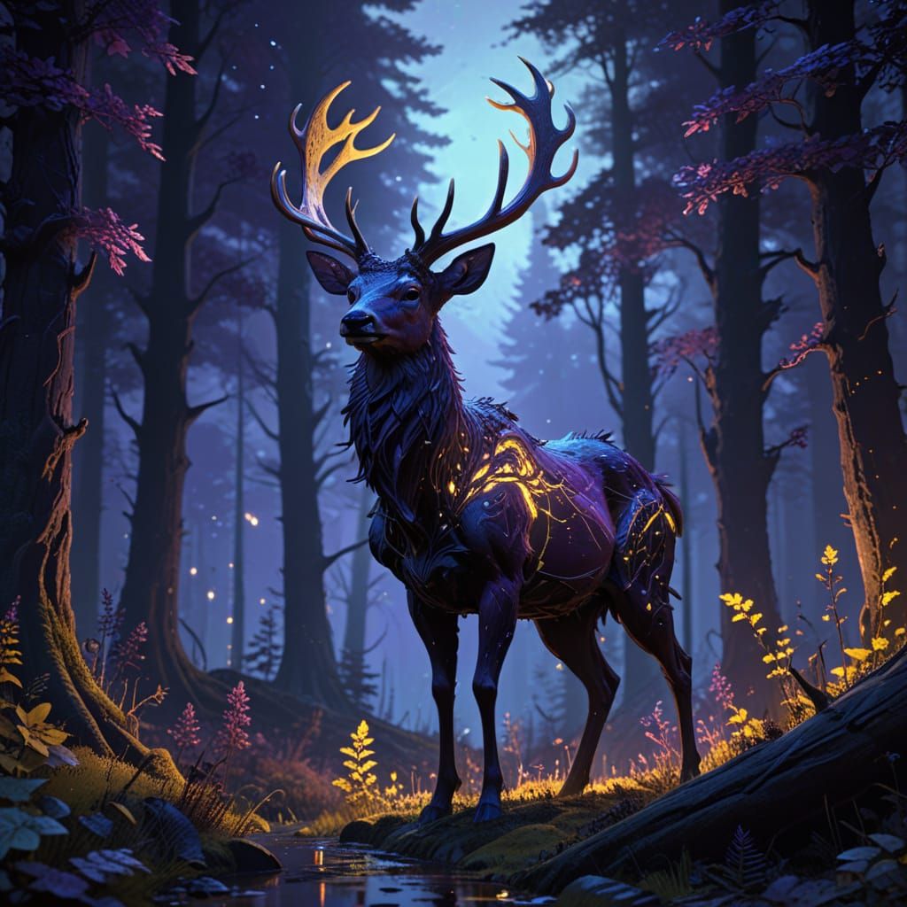 Eerie Glowing Deer in Dark Fantasy Forest