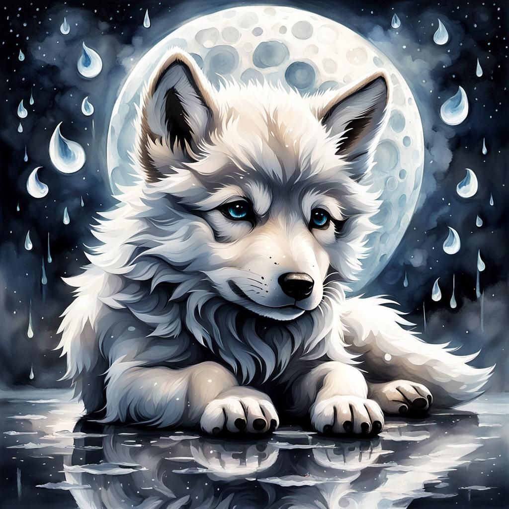 Wolf Puppy Cries in Moonlight: Fantasy Illustration