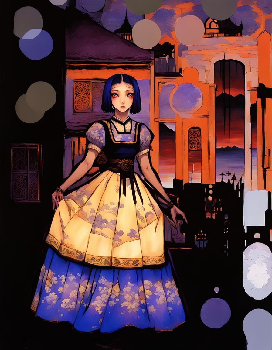 Young Innkeeper in Sunset, Art Deco Shinhanga Style