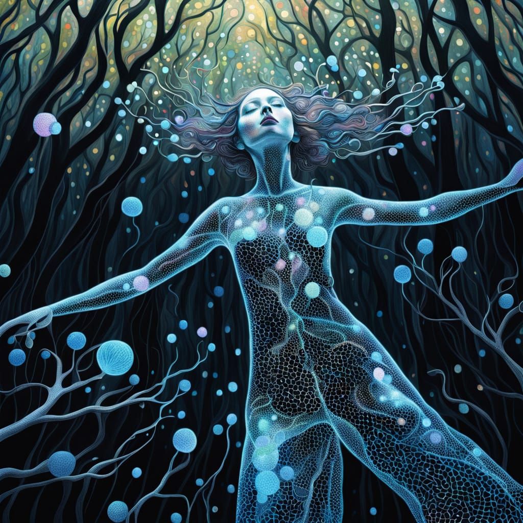 Surreal Bio Art Goddess Emerges from Dark Forest