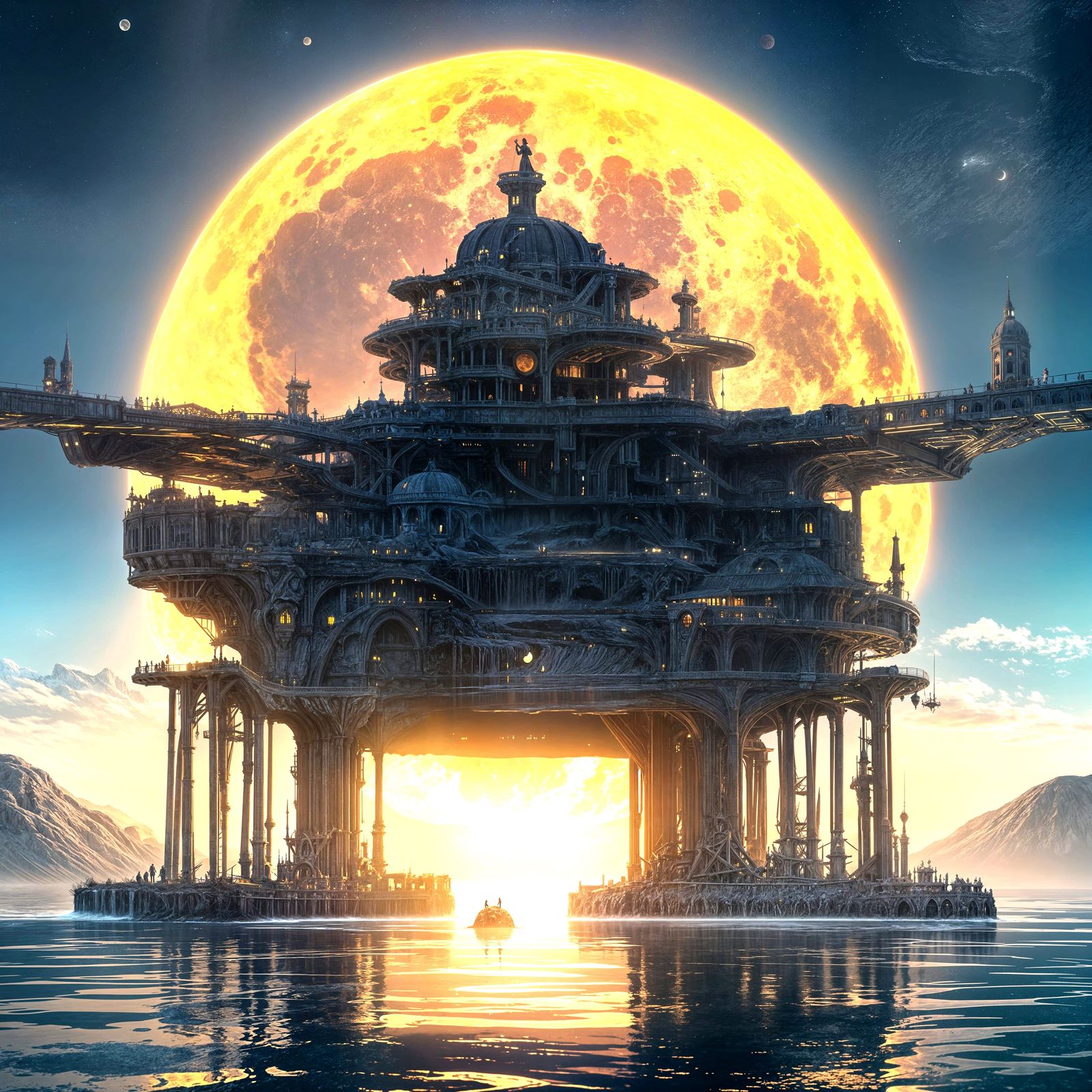 Surreal Yellow Moon Reflected in Shimmering Water