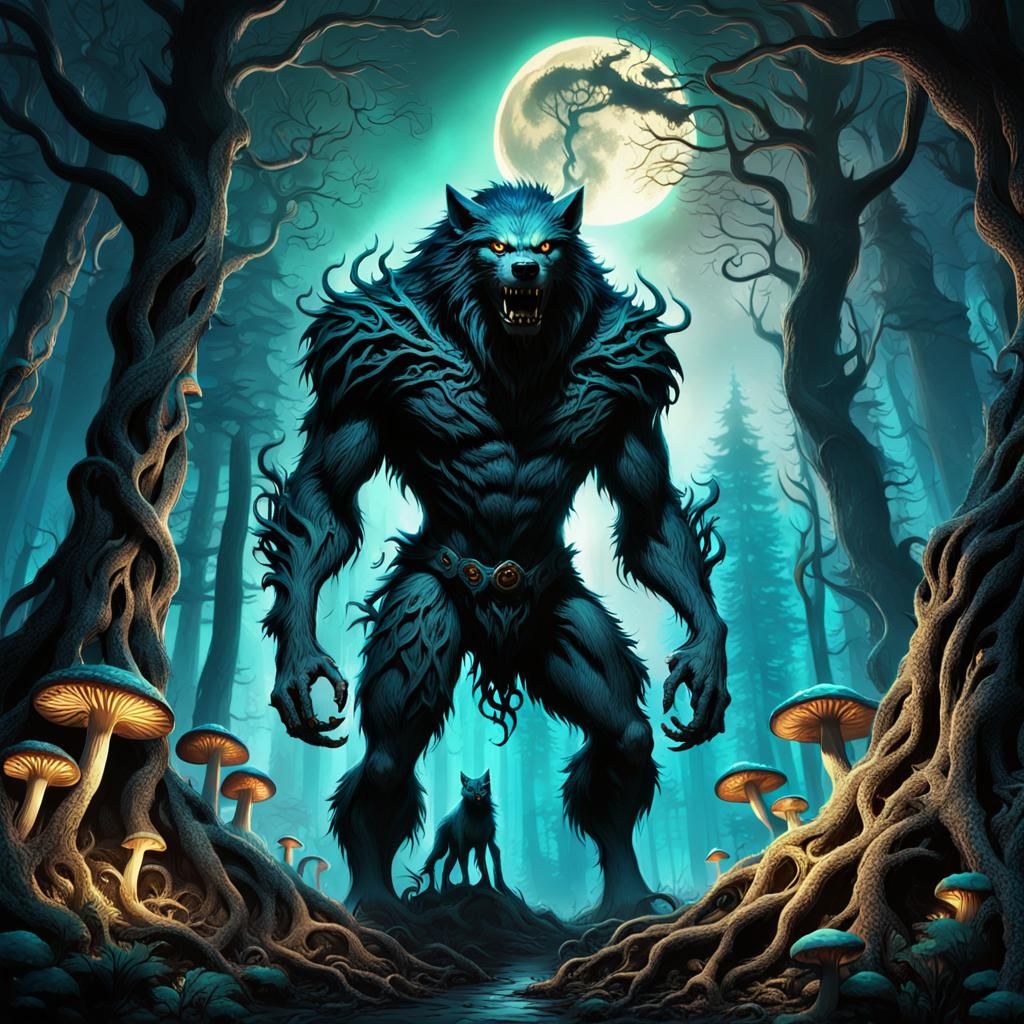 Mystical Werewolf in Emerald and Sapphire Forest
