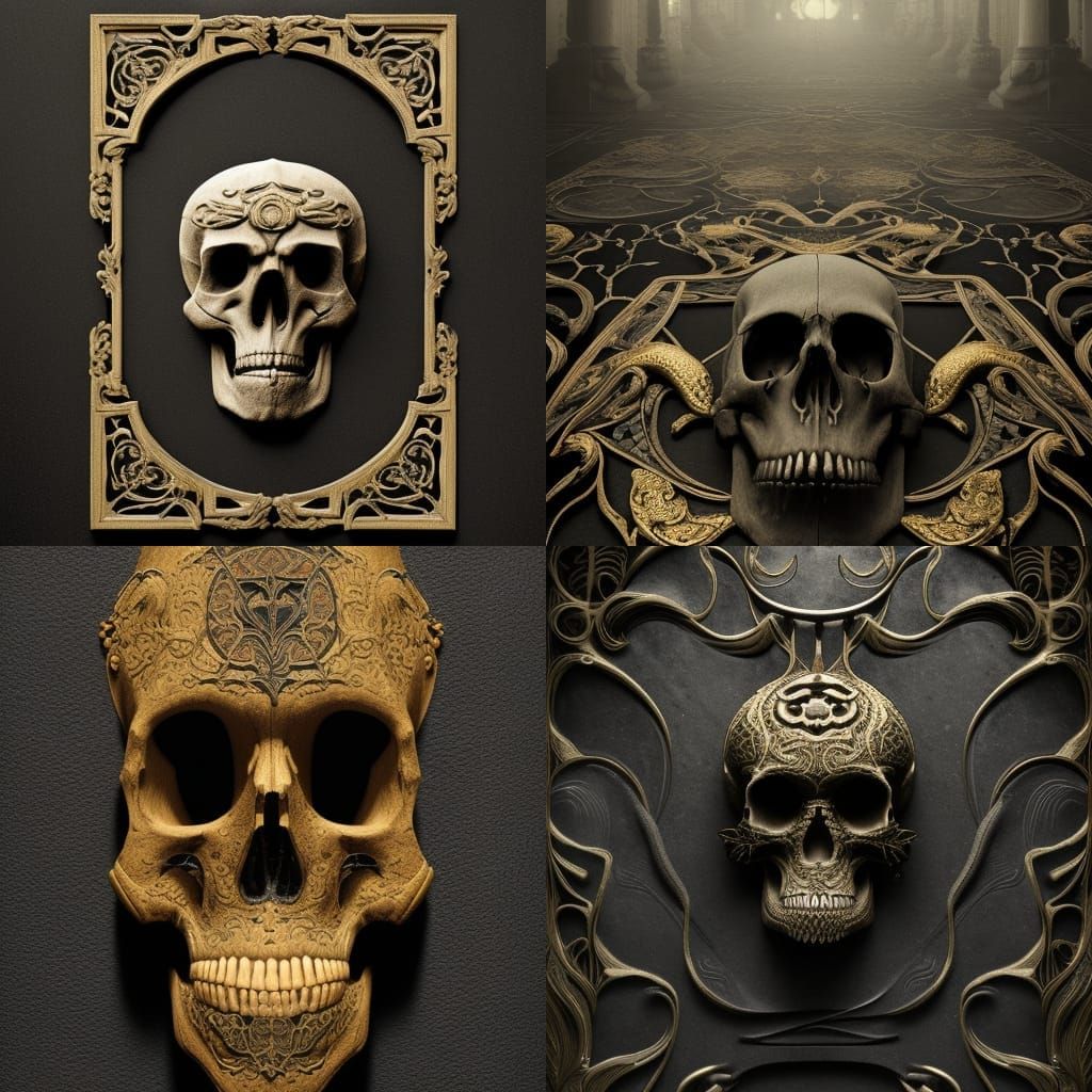 Skull in Black Concrete with Gold Inlay, Art Nouveau