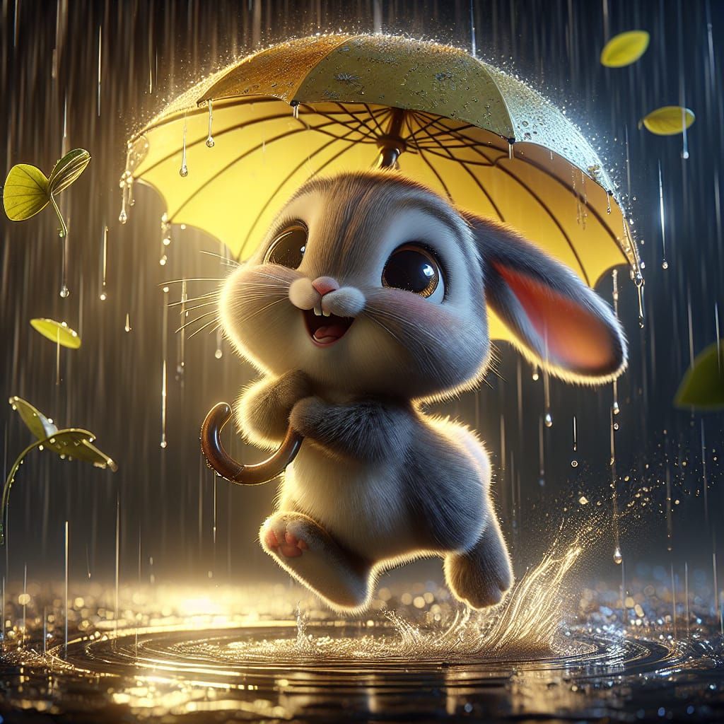 Joyful Bunny Leaps into Rainy Night Puddle in Matte Painting...