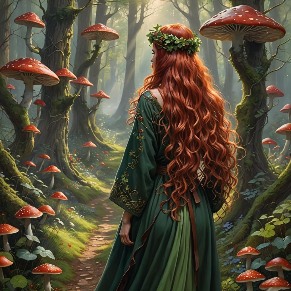 Ethereal Woman with Red Hair in Fantasy Forest