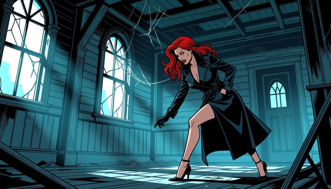 Detective Investigates Haunted House in Comic Art Style