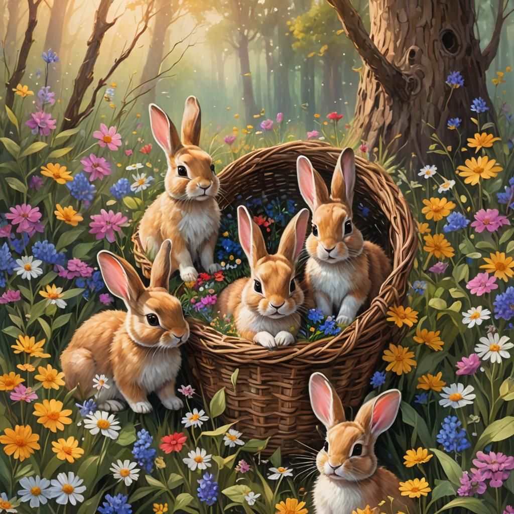Baby Bunnies in Wicker Basket: Fantasy Oil Painting