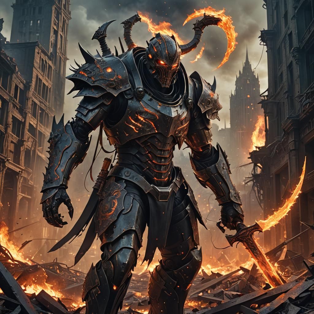 The Destroyer in Ruined City, Dark Fantasy Art