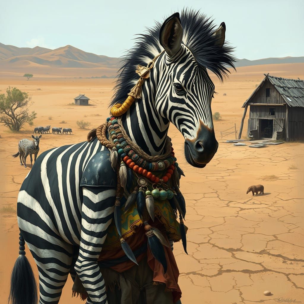 Zimbabue Zombie Zebra-man in Visceral African Folk Art Style