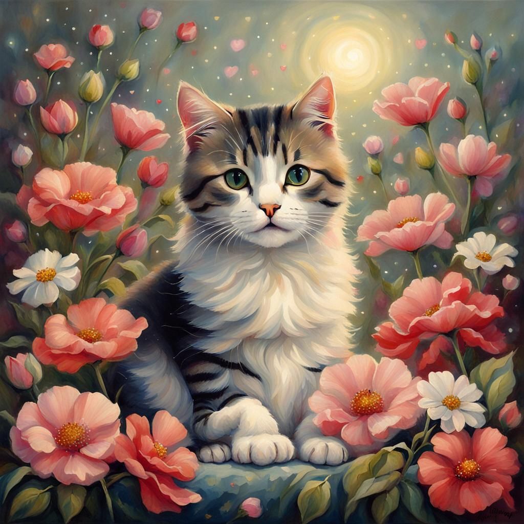 Cat with Flowers in Pulp Art Style