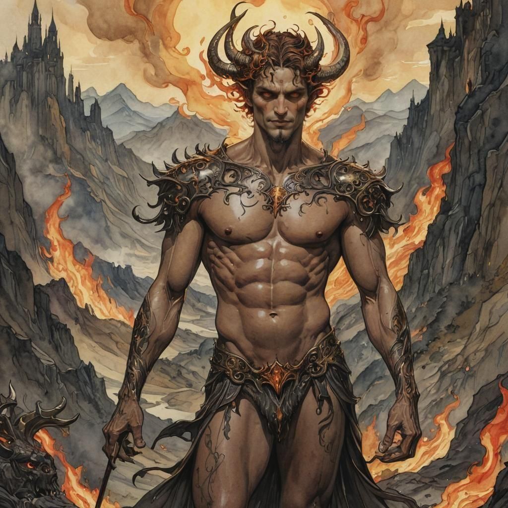 King of Hell in Hellish Landscape, Watercolor Style