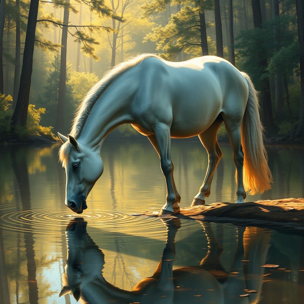 Horse at Lake Reflecting Forest: Natural Realism