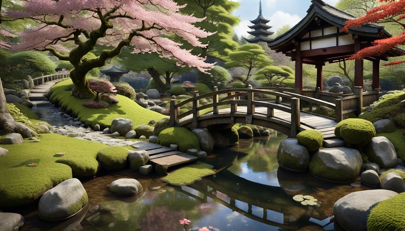 Romantic Japanese Garden with Mossy Bridge