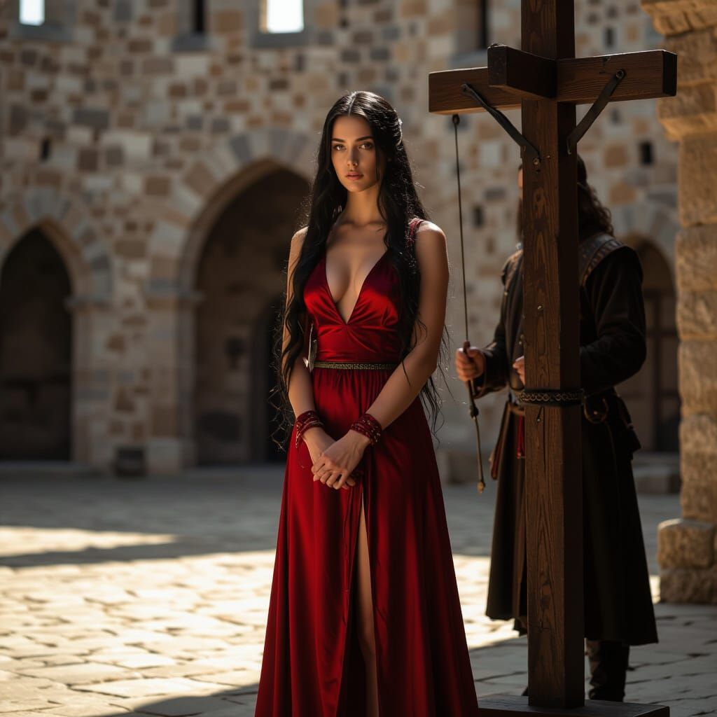 Medieval Scene: Woman in Red Silk Dress at Pillory