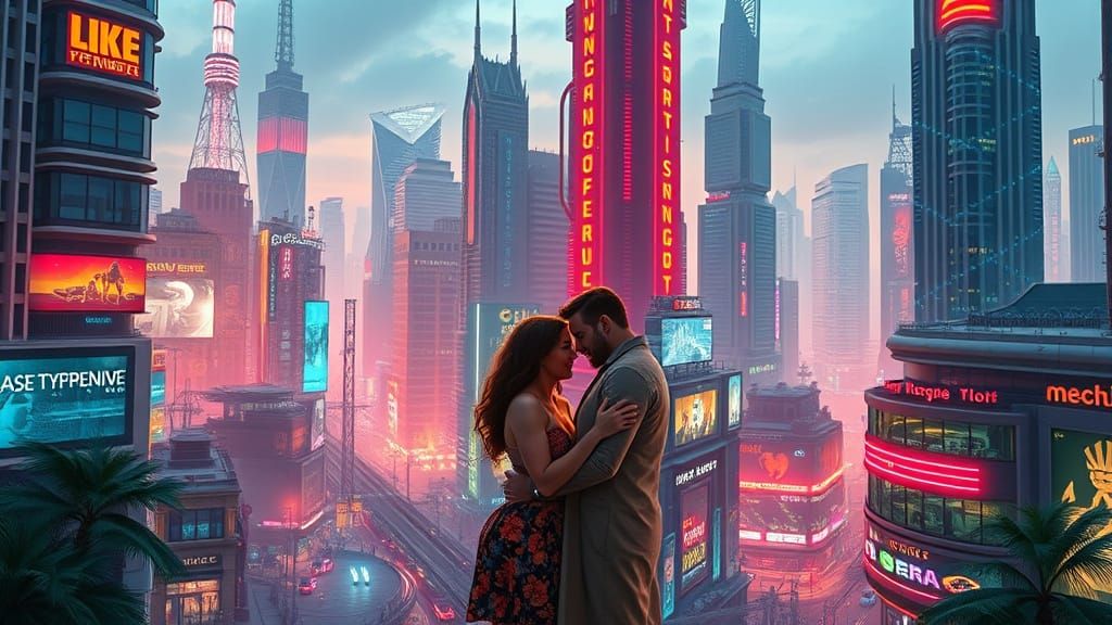 Cyberprep Cityscape with Neon and Vertical Gardens