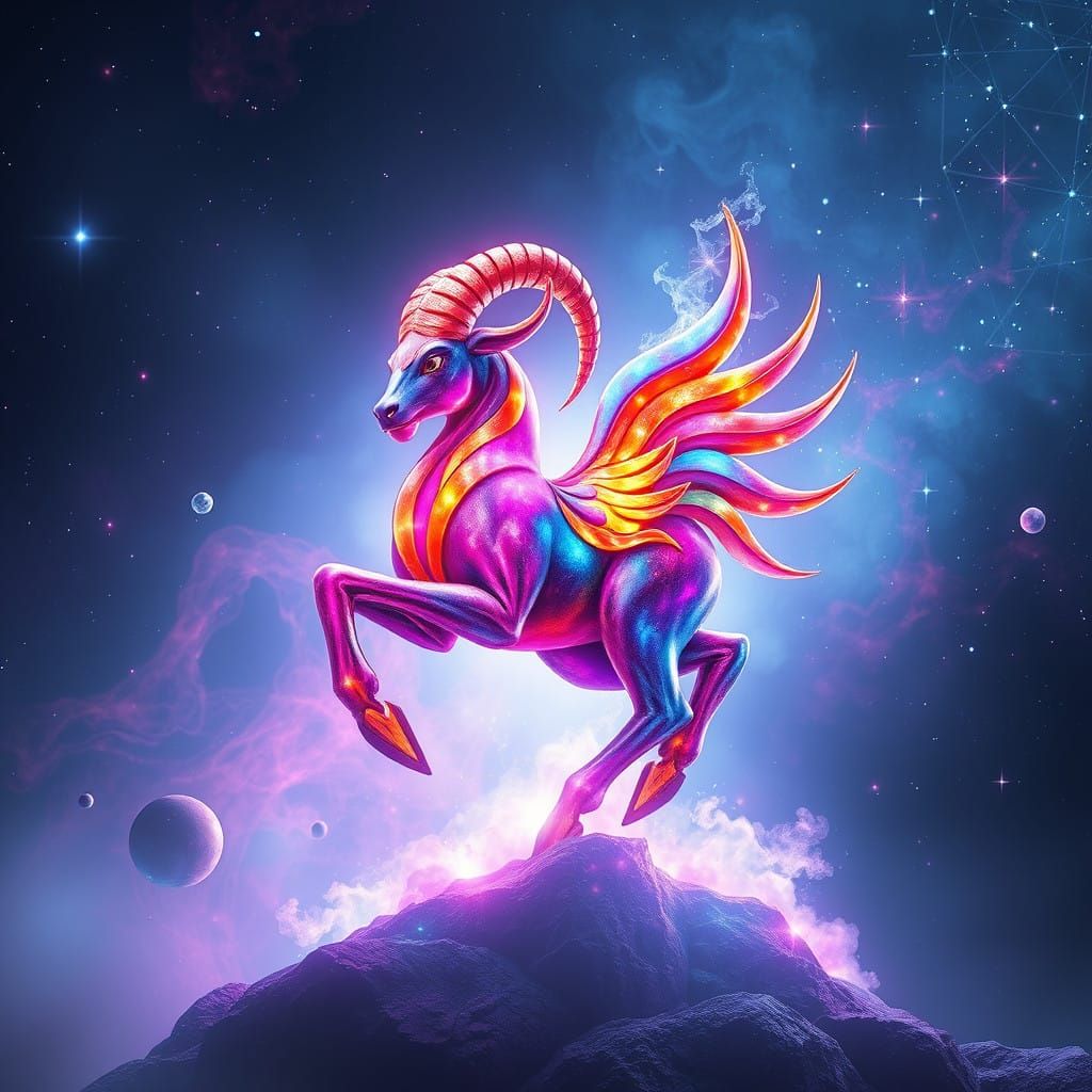 Vibrant Cosmic Aries Zodiac Warrior in Multicolored Glory