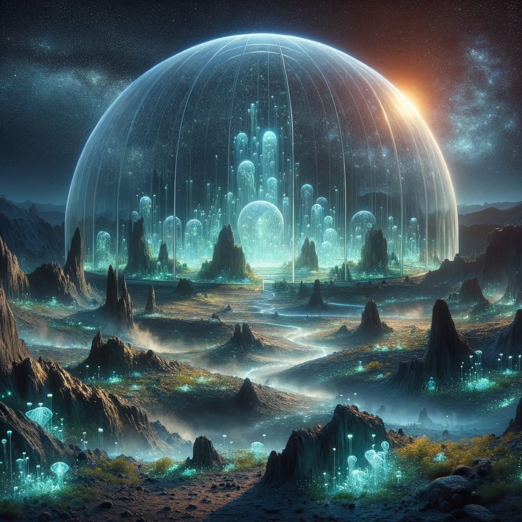 Bioluminescent Dome on Alien Moon in Hyperrealistic Style