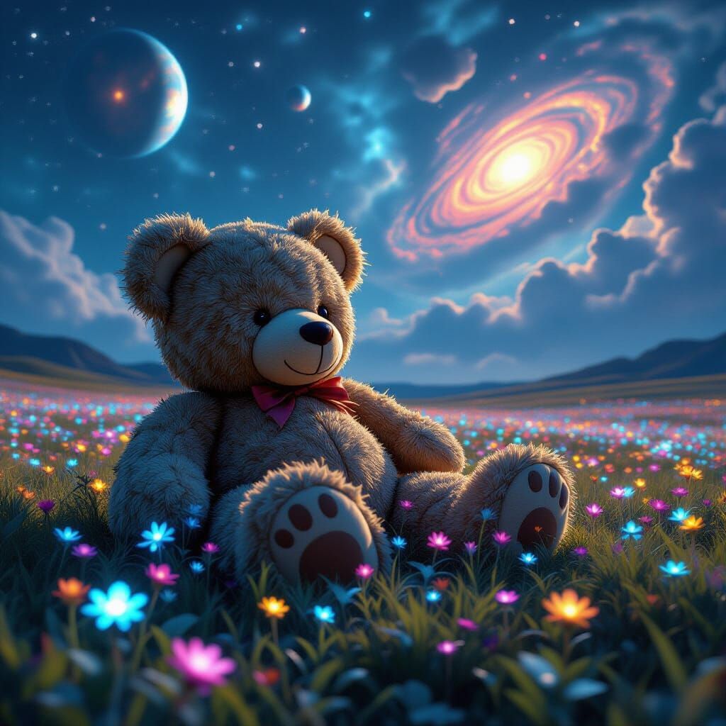 Colossal Teddy Bear on Alien Planet in Digital Art Style