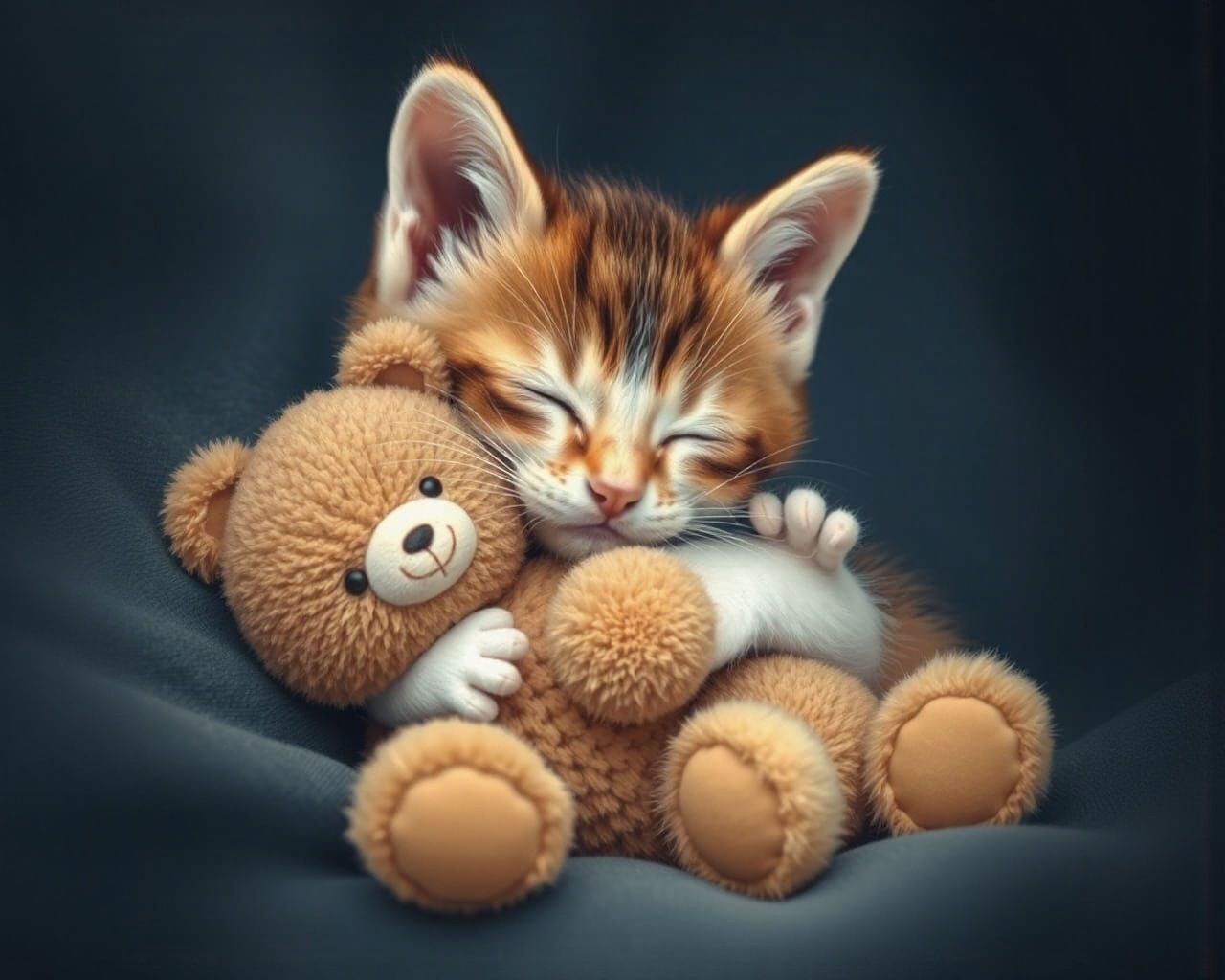 Cute Kitten Sleeping with Teddy Bear