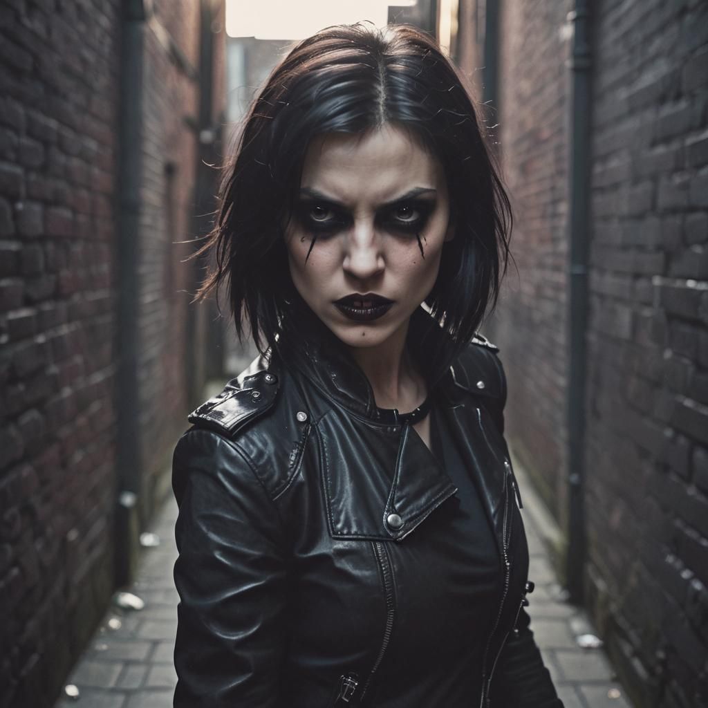 Vampiric Emo Woman Punches in Dark Alleyway