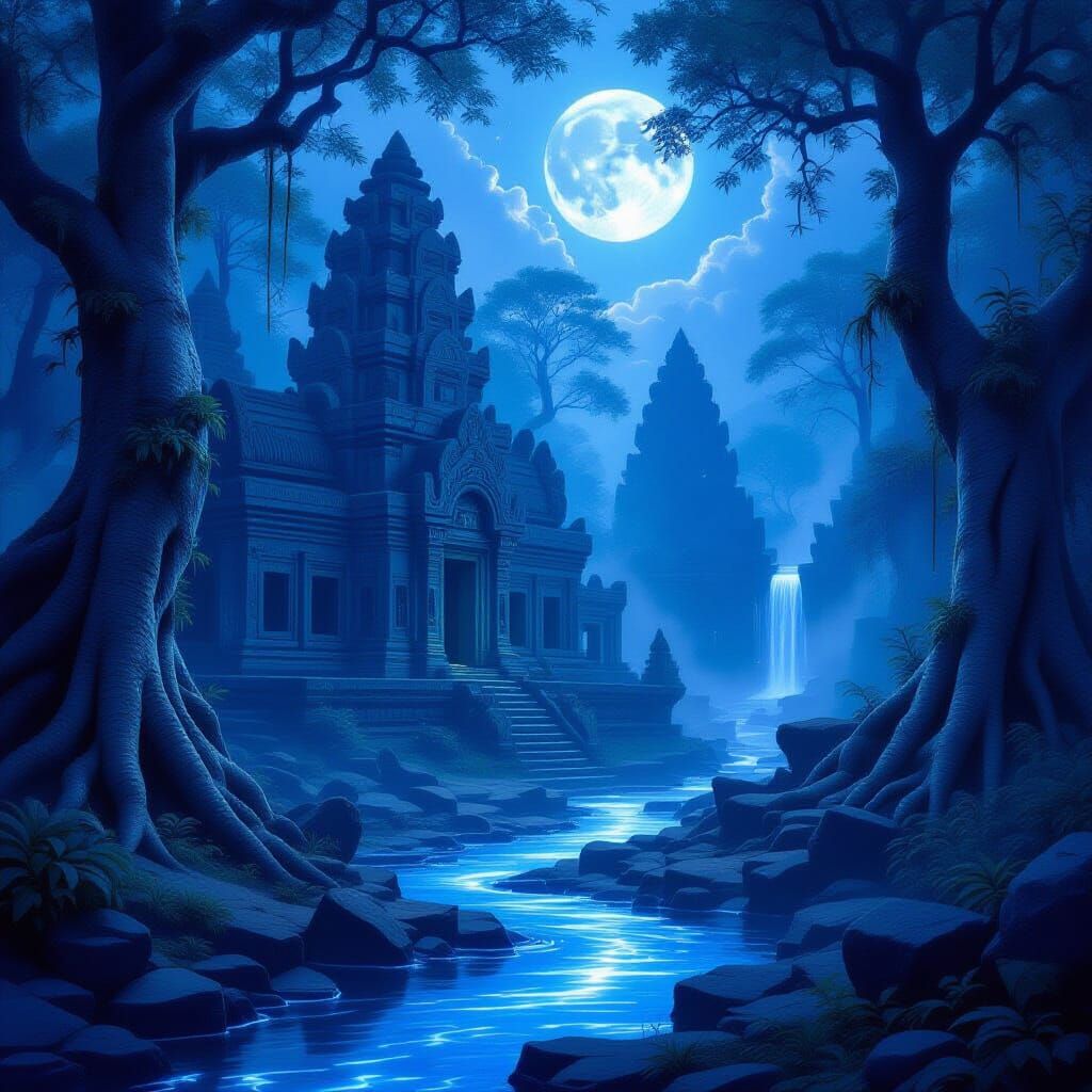 Mystical Temple in Moonlit Forest
