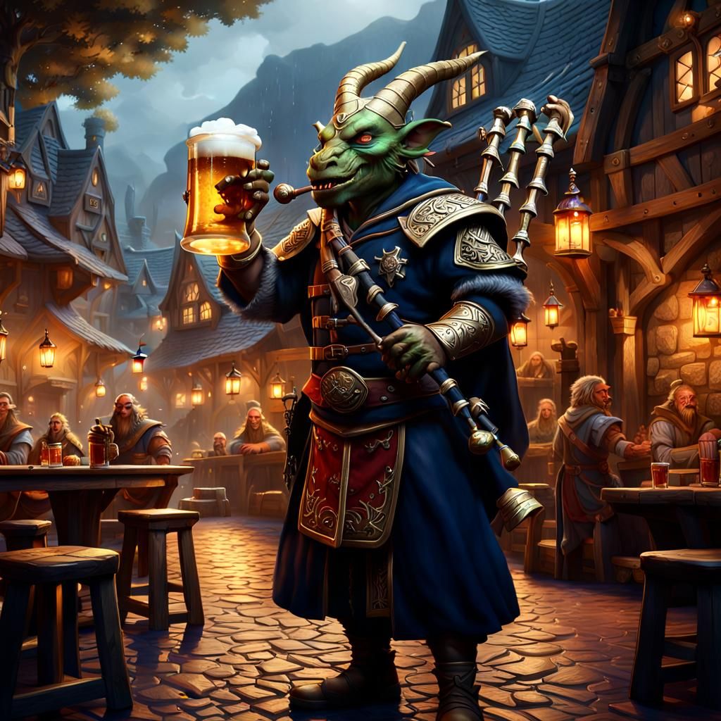 Dragonborn Monk Plays Bagpipes in Tavern