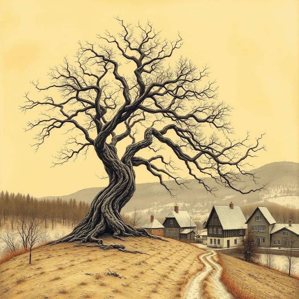 Solitary Tree Overlooks Winter Village, Monochromatic Art