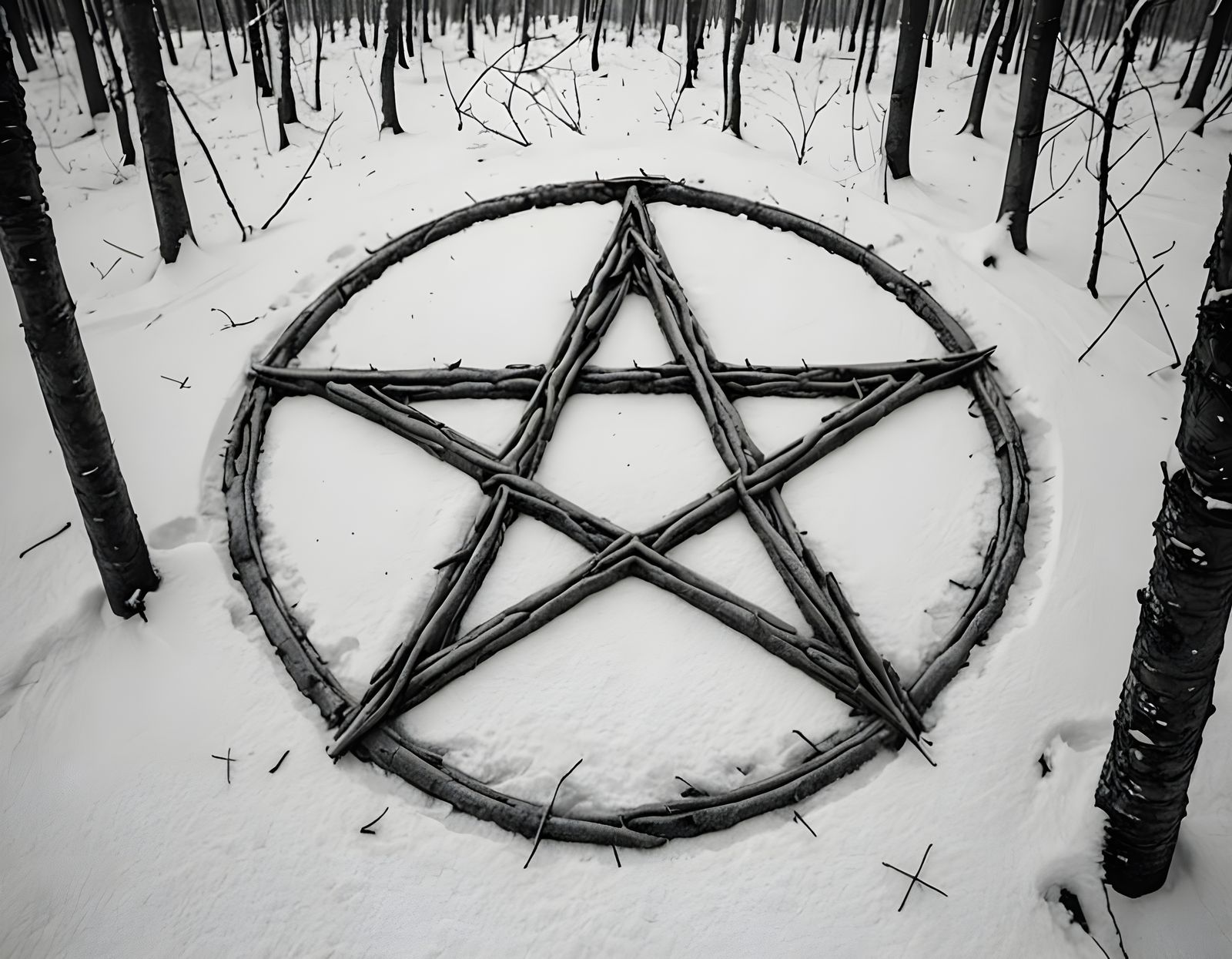 Pentagram Snow Scene in Woodcut Style