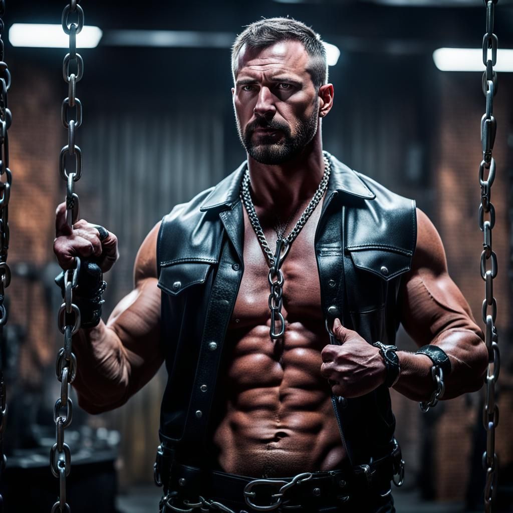 Leatherman in Dungeon with Chains: Professional Photography