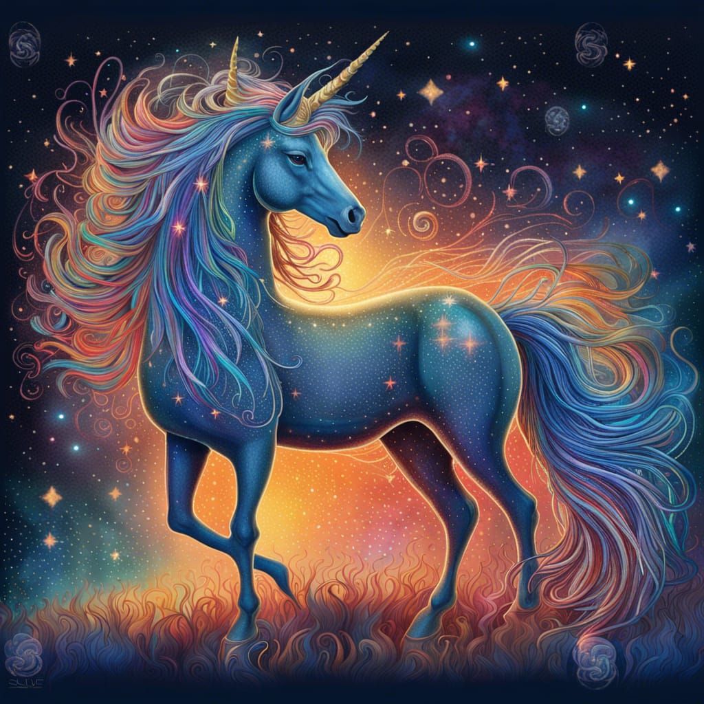 Iridescent Unicorn in Enchanted Forest Under Starry Sky
