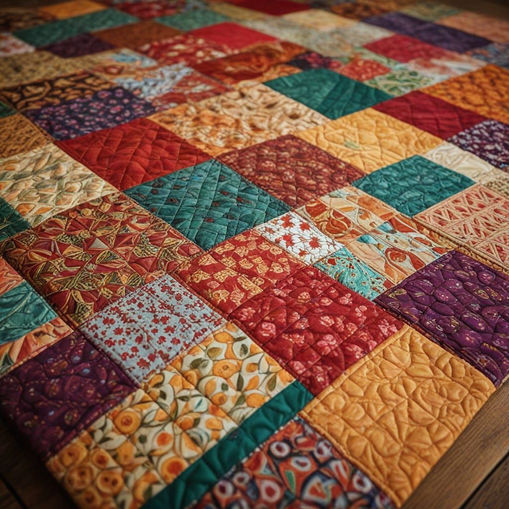 Whimsical Folk Art Quilt in Warm Golden Light