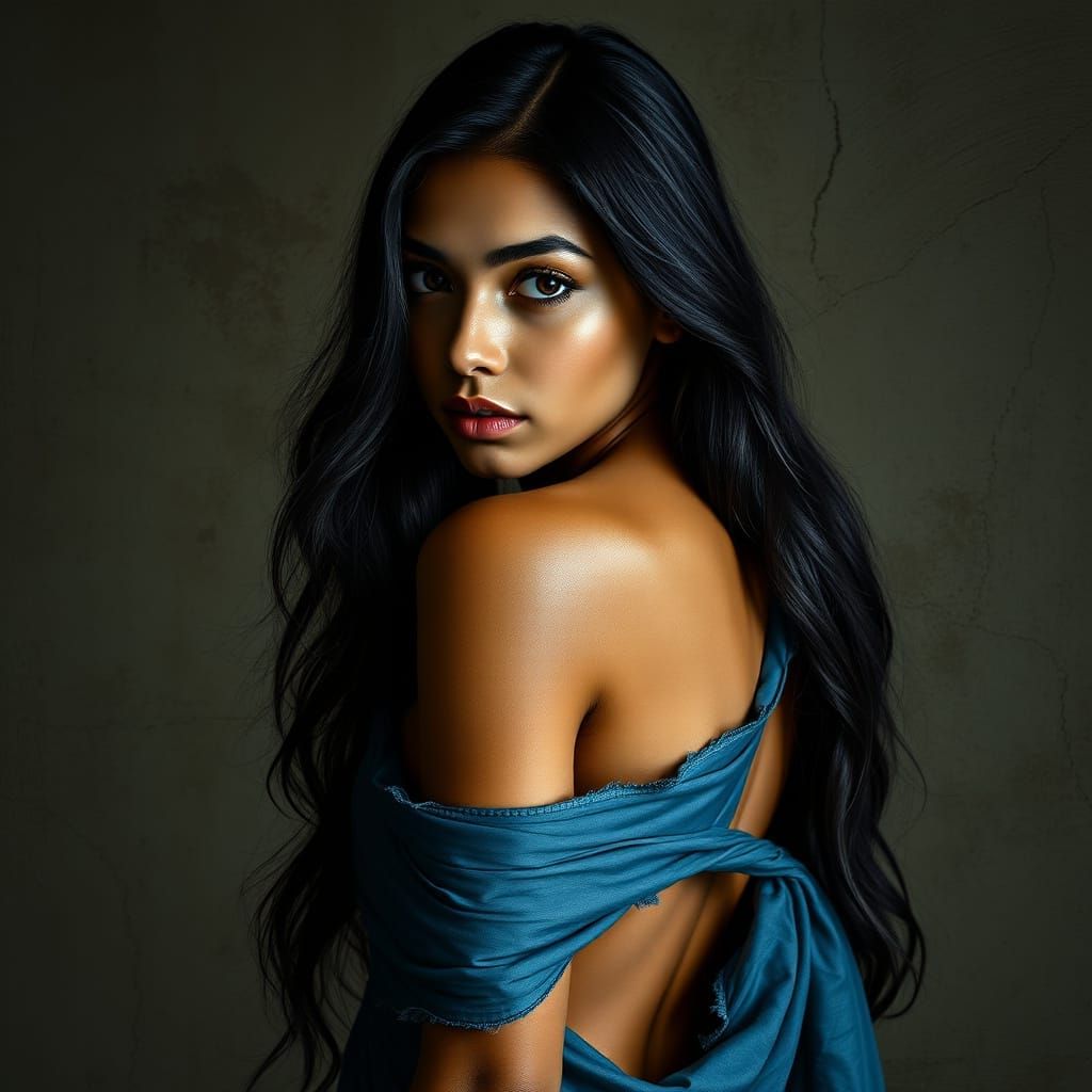 Hyper-Realistic Portrait of a Young Latina Goddess in Flowin...