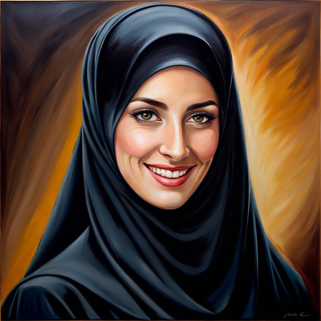 Elegant Young Woman in Niqab, Realistic Oil Painting