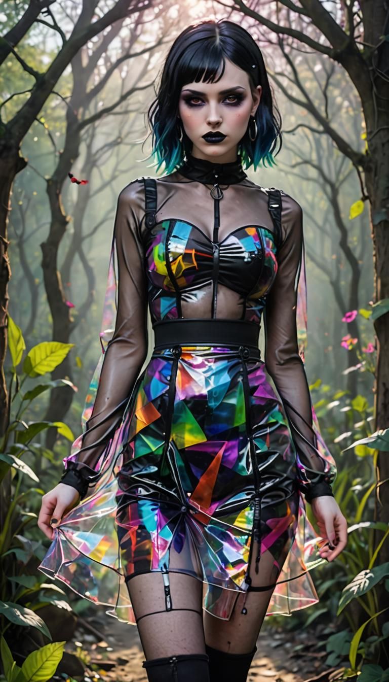 alt / goth girl is wearing a dress made of transparent, colo...
