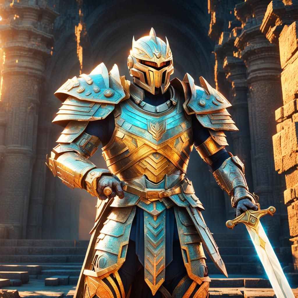 Armored Warrior in Ruins: Anime-Inspired 3D Portrait