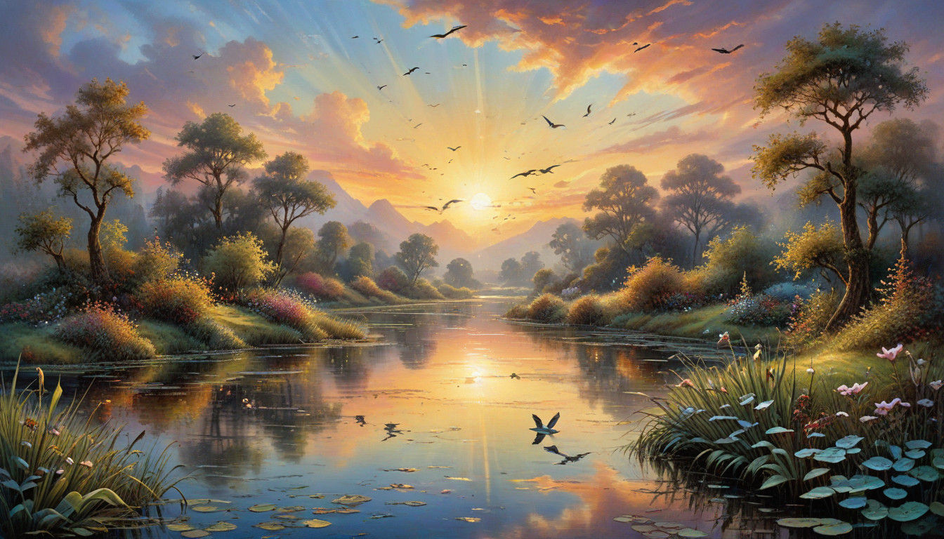 Romantic Sunrise Scene with Flying Birds in a Watercolor Pon...