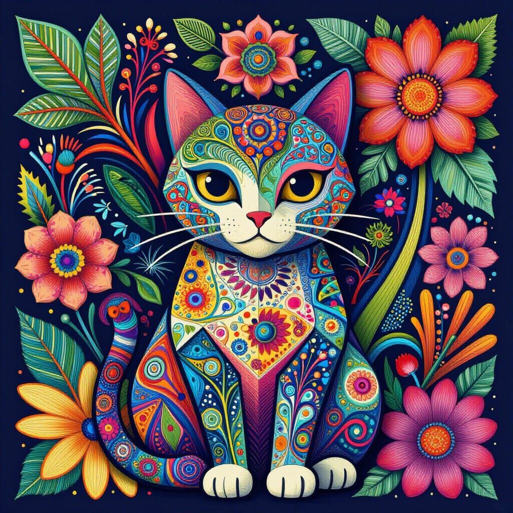 Geometrical Cat with Fractal Patterns and Floral Accents