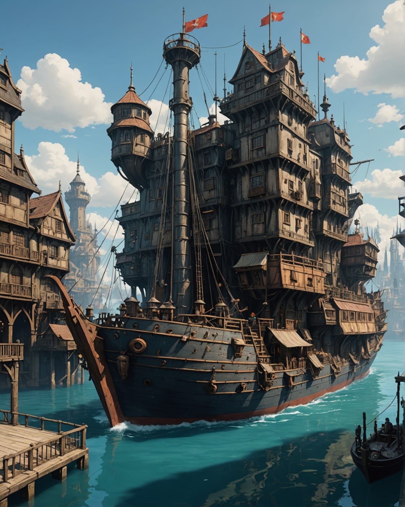 Massive Medieval City Ship in Dieselpunk Style
